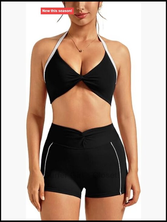 Tops - Knot Front Halter Top and High Waisted Butt-lifting Shorts Active Jogger Set